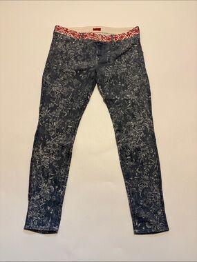 MOTHER Aspire Patterned Blue Floral Skinny Jeans with Red Waistband